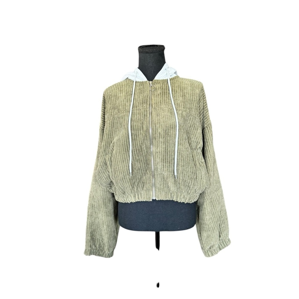 HYFVE Olive Corduroy Cropped Hoodie Jacket Cozy Core Streetwear Zip Up L
